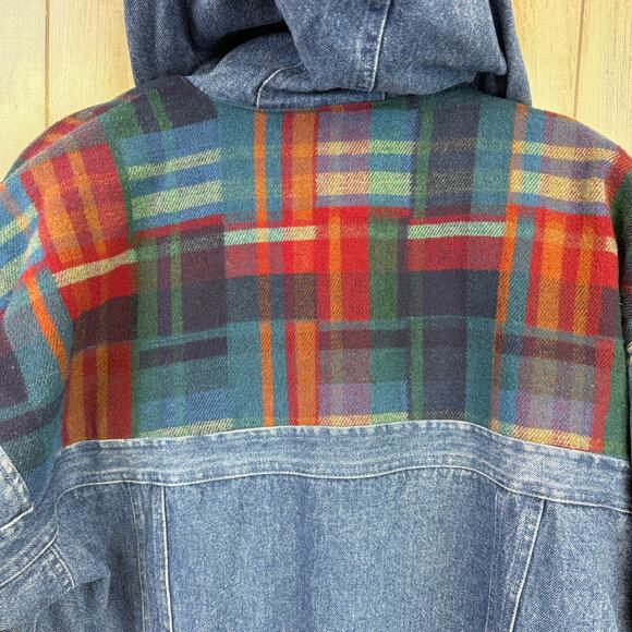 Braetan Vintage Denim Jacket Large Plaid Flannel Blue Jean 90s Hoodie Coat - Picture 4 of 10
